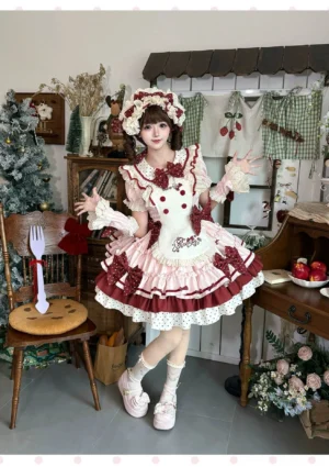 Wine red pink sweet Lolita one-piece dress full body front shot tiered ruffle skirt polka dot bow details vintage tea room setting