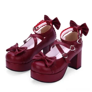 Wine red burgundy sweet lolita high heels shoes cross ankle straps heart buckles platform heel front flat lay