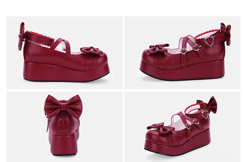 Wine red sweet Lolita platform Mary Jane shoes four-piece multi-angle detail showcase thick platform sole front bow ankle straps