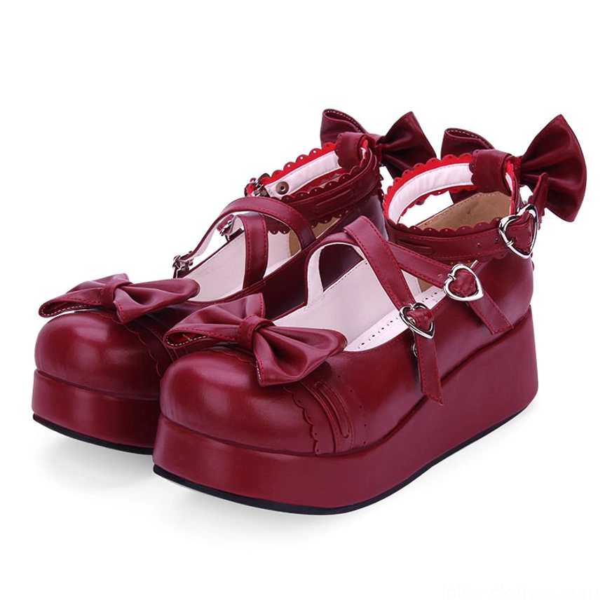 Wine red sweet Lolita platform Mary Jane shoes flat side display view with heart buckle ankle straps vamp heel bows matte leather finish