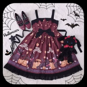 Wine red vampire cat gothic lolita JSK dress flat lay with Mary Jane shoes Halloween decorations and spooky prints