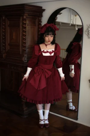 Burgundy wine red velvet Lolita OP dress mirror side profile full body shot in vintage wooden furniture setting, displaying matching red hair bow accessory and dress silhouette from side perspective