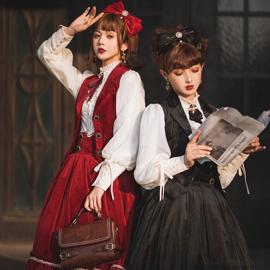 Wine red velvet lolita waistcoat with golden buttons and stand-collar inner blouse, models with hair bows