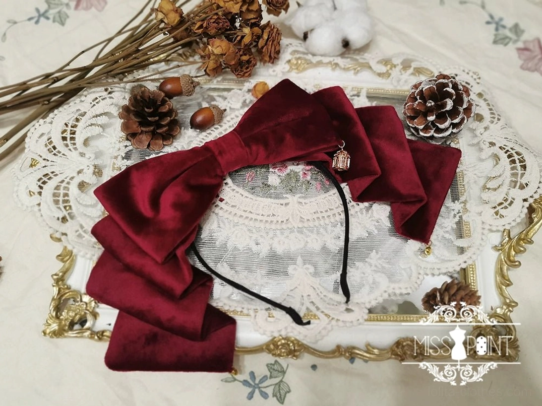 Wine red velvet ruffled lolita bow headband burgundy velvet layered bow tiny metal pendant accessory