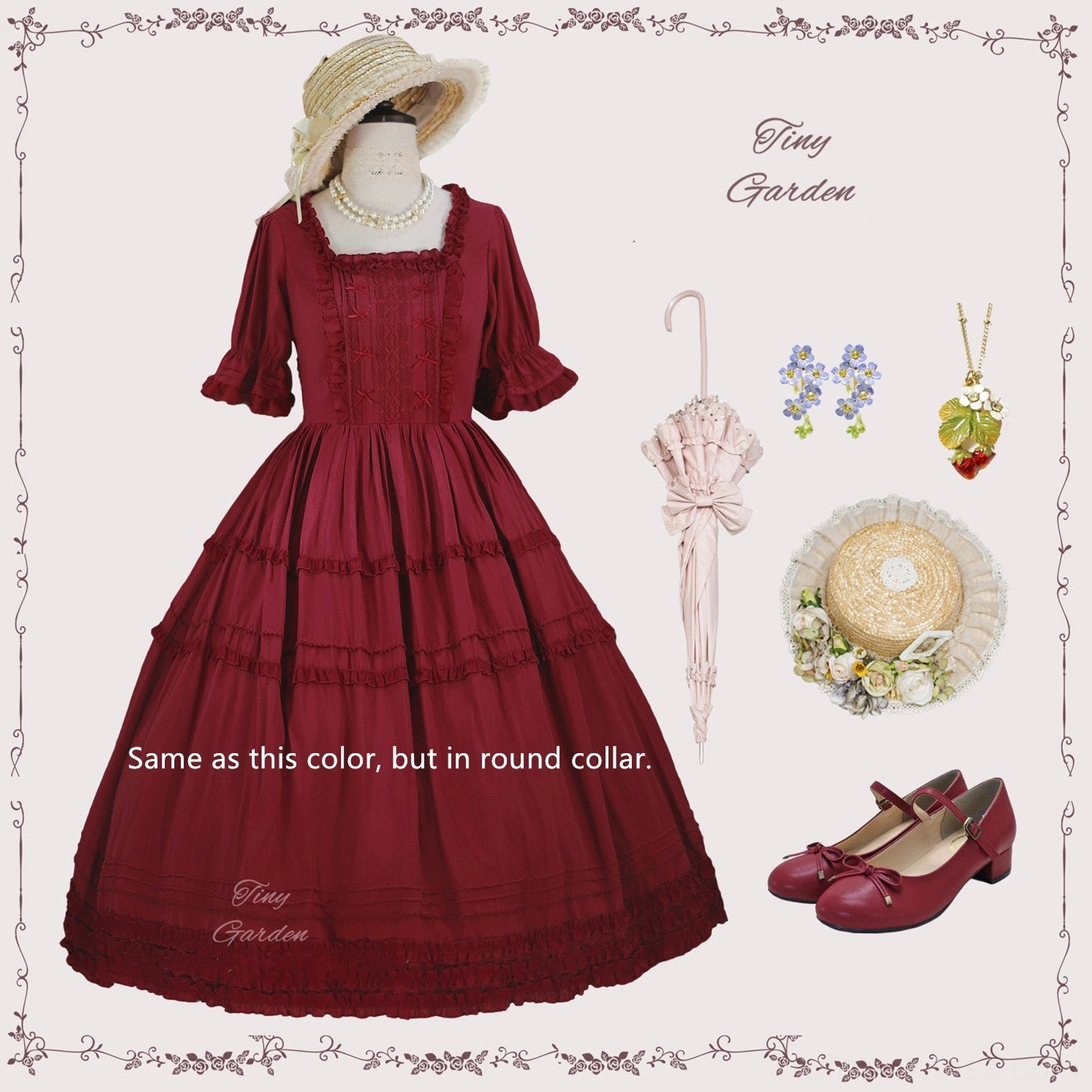 Wine red vintage lolita op dress back view lace-up corset back detail half puff sleeves matching ruffled tiered skirt shown from behind