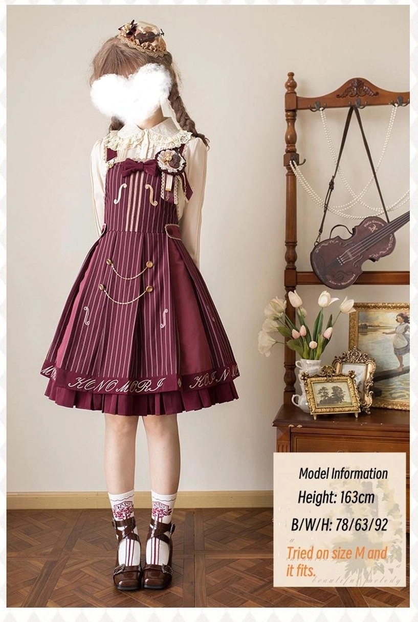 Single model front full-body view of wine red violin preppy Lolita two-piece set in vintage room with violin display stand model height 163cm measurements 78 63 92