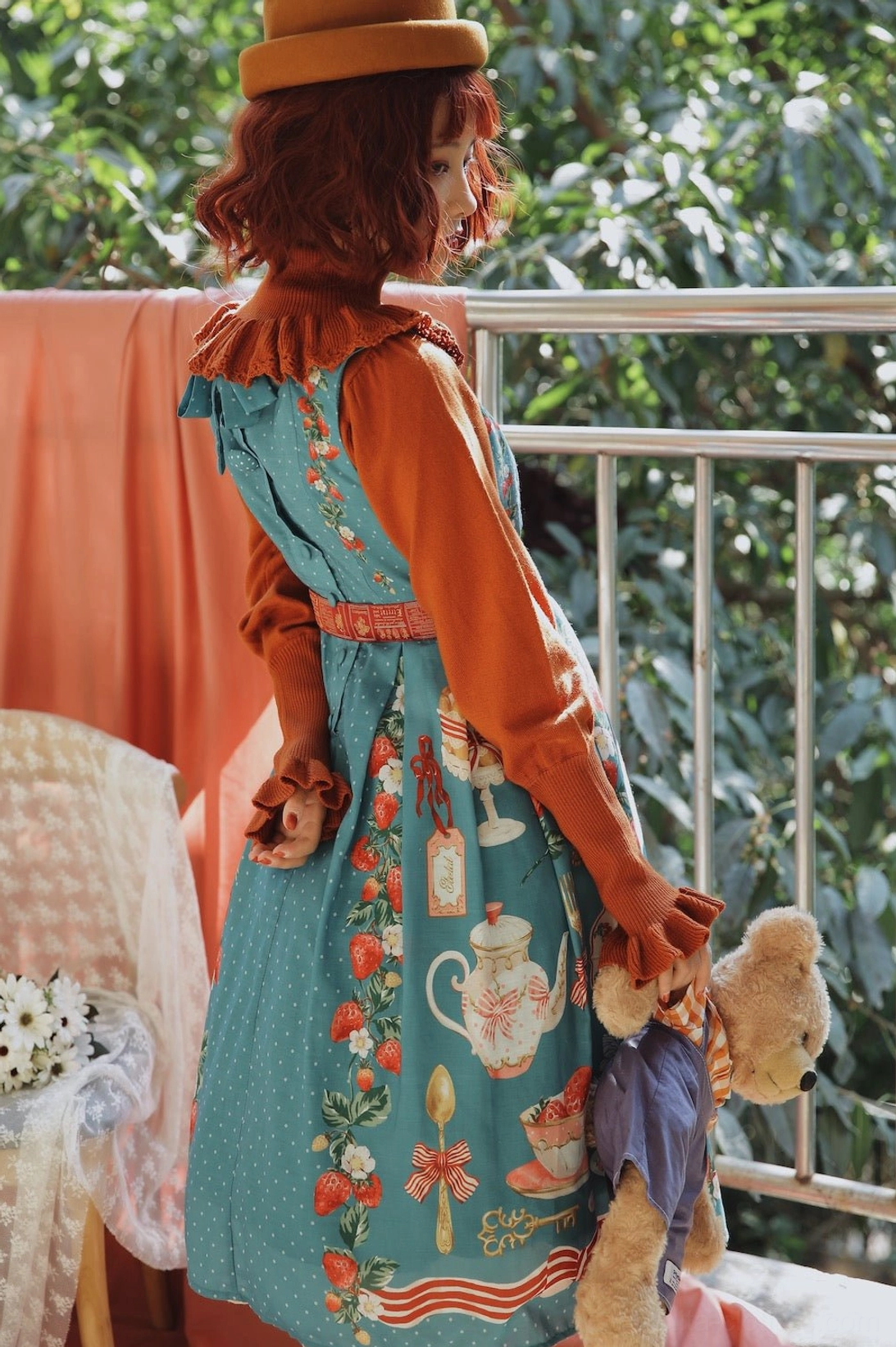 Wine red wool lolita sweater back view gothic lolita aesthetic fitted knit silhouette rear display