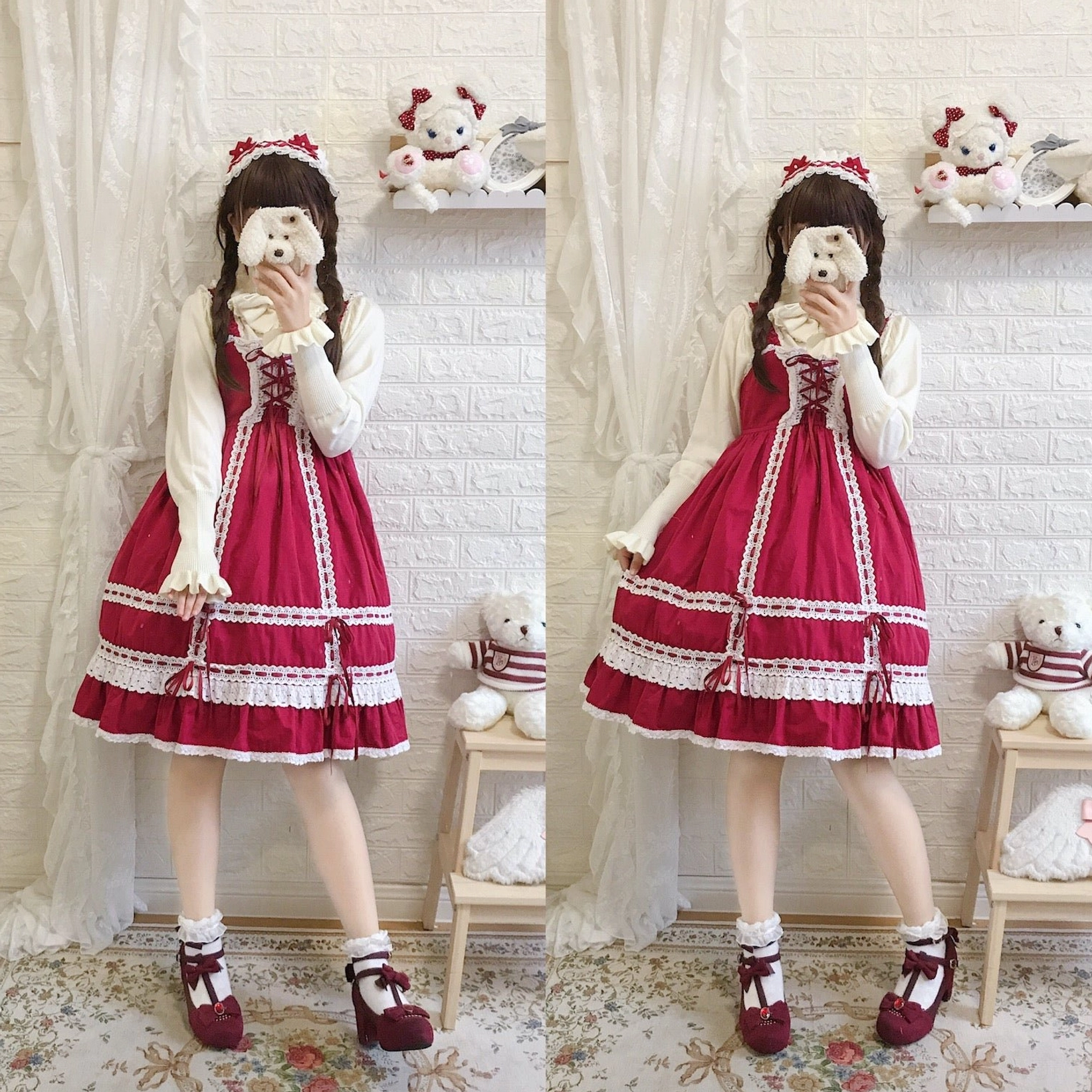 Wine red wool lolita sweater coordination styling jewel tone lolita aesthetic full outfit display