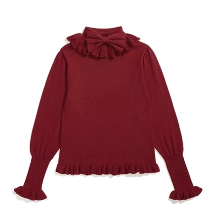 Wine red ruffled turtleneck wool lolita sweater front flat lay display gothic-sweet aesthetic mutton sleeves