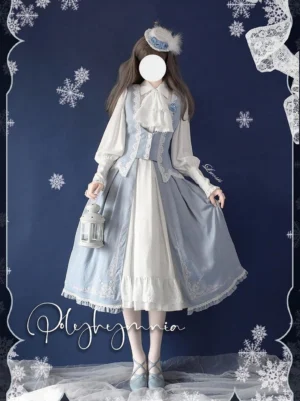 Winter classic lolita dress set full outfit front view model wearing mist blue and off-white two-tone skirt with lace ruffled hem
