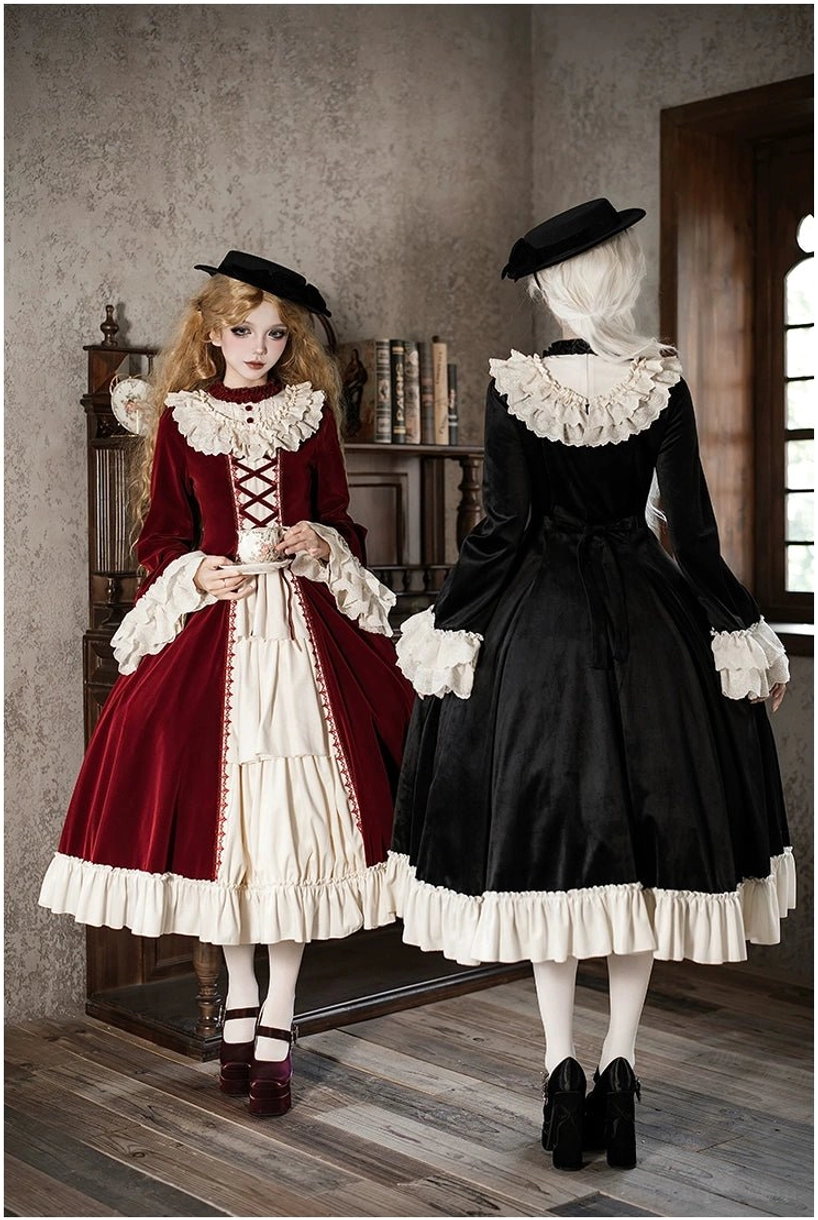 Winter classic lolita OP dresses high-waisted silhouette color-block design two models vintage wooden study scene neat fit