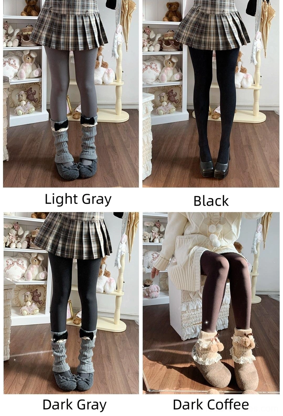 Four color winter fleece lolita pantyhose collection light gray black dark gray dark coffee with matching loafers and plaid skirts