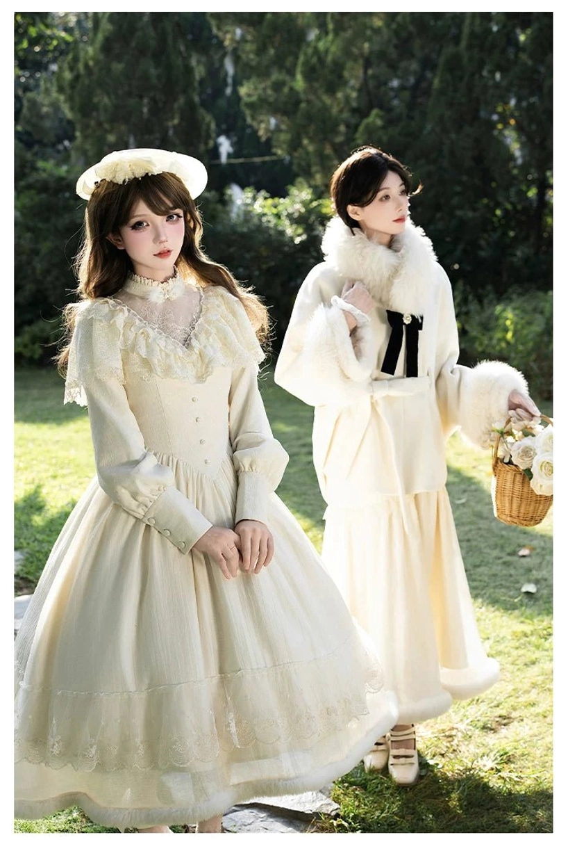 Winter Island Memory lolita coat and OP dress set front view sunny garden one model wears A-line lace dress other wears fluffy winter coat cream white