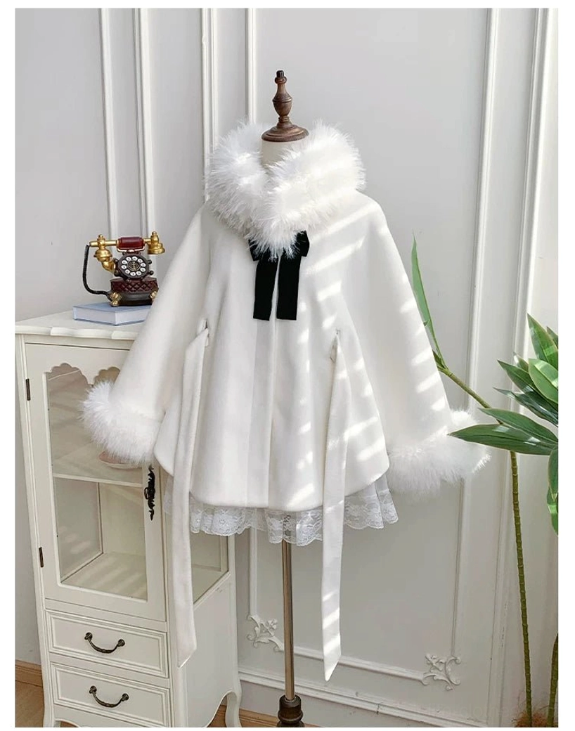 Winter Island Memory lolita winter coat black bow accent waist decoration elegant detail shot sophisticated styling bows brooch
