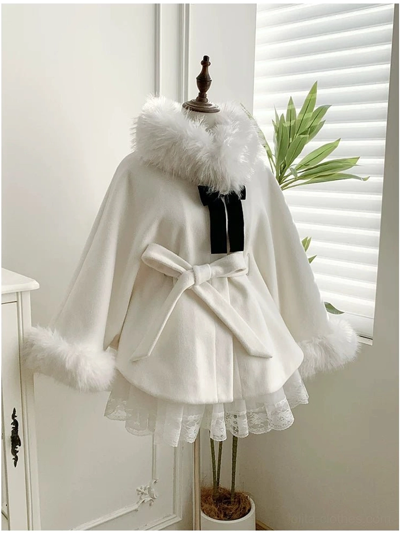 Winter Island Memory lolita coat cape drape silhouette theatrical presentation elegant winter white color removable faux fur accessories