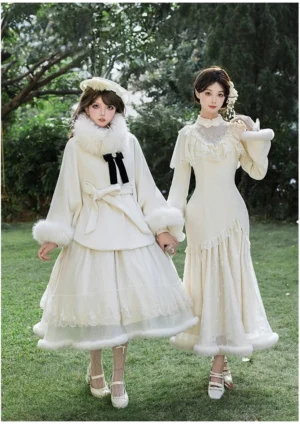 Winter Island Memory lolita winter coat cream white faux fur collar mermaid cheongsam op dress set front full body view dual model elegant aesthetic