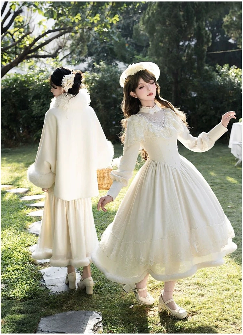 Winter Island Memory lolita coat long dress back view stone path garden trees classic silhouette vintage mary jane shoes flowy skirt volume