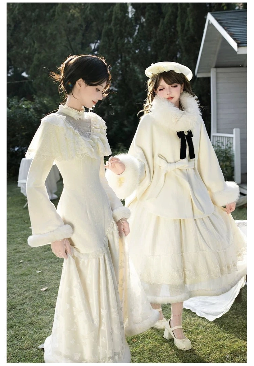 Winter Island Memory lolita coat op dress set side profile view dual model cream white showing structured silhouette waist bow tie model height 168cm