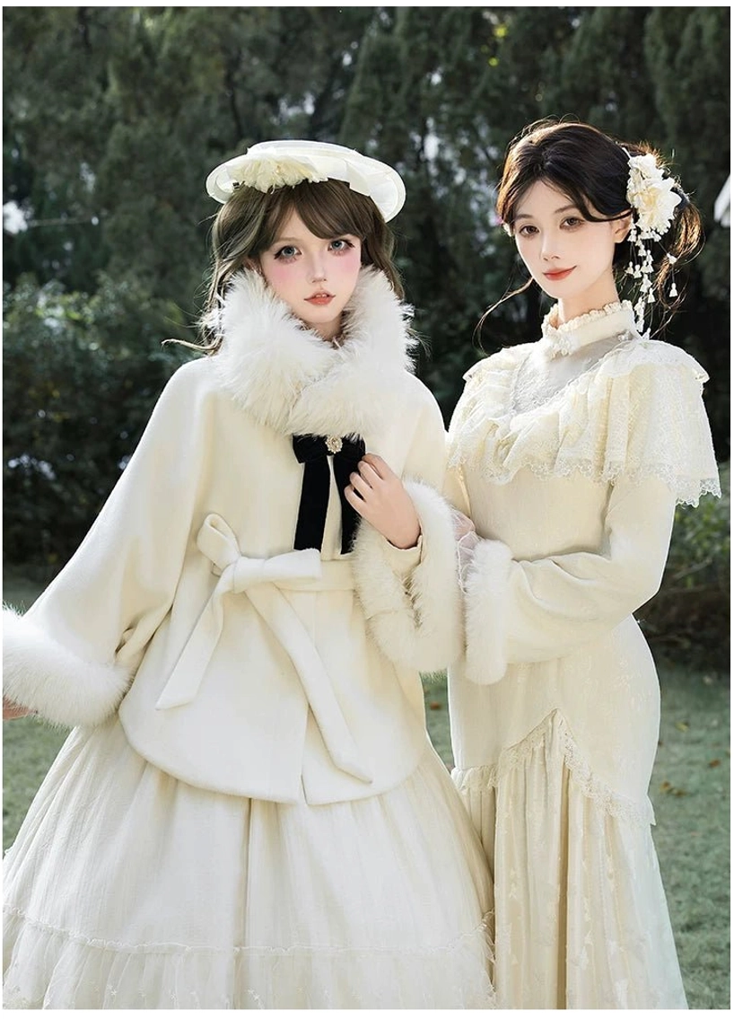 Winter Island Memory lolita winter coat dress ensemble front eye level close-up showing faux fur collar high-neck lace dress details matching berets