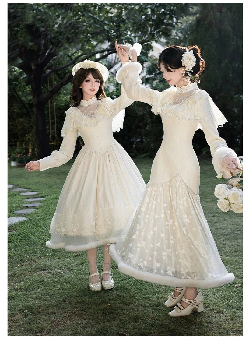 Winter Island Memory lolita faux fur collar removable detail cream white wool blend coat cape style theatrical design button accents