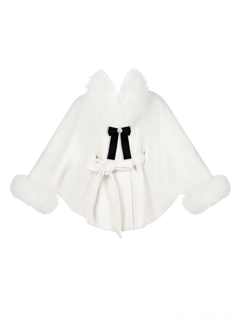 Winter Island Memory lolita coat alone standalone piece outerwear versatile cream white wool blend cape style theatrical faux fur collar