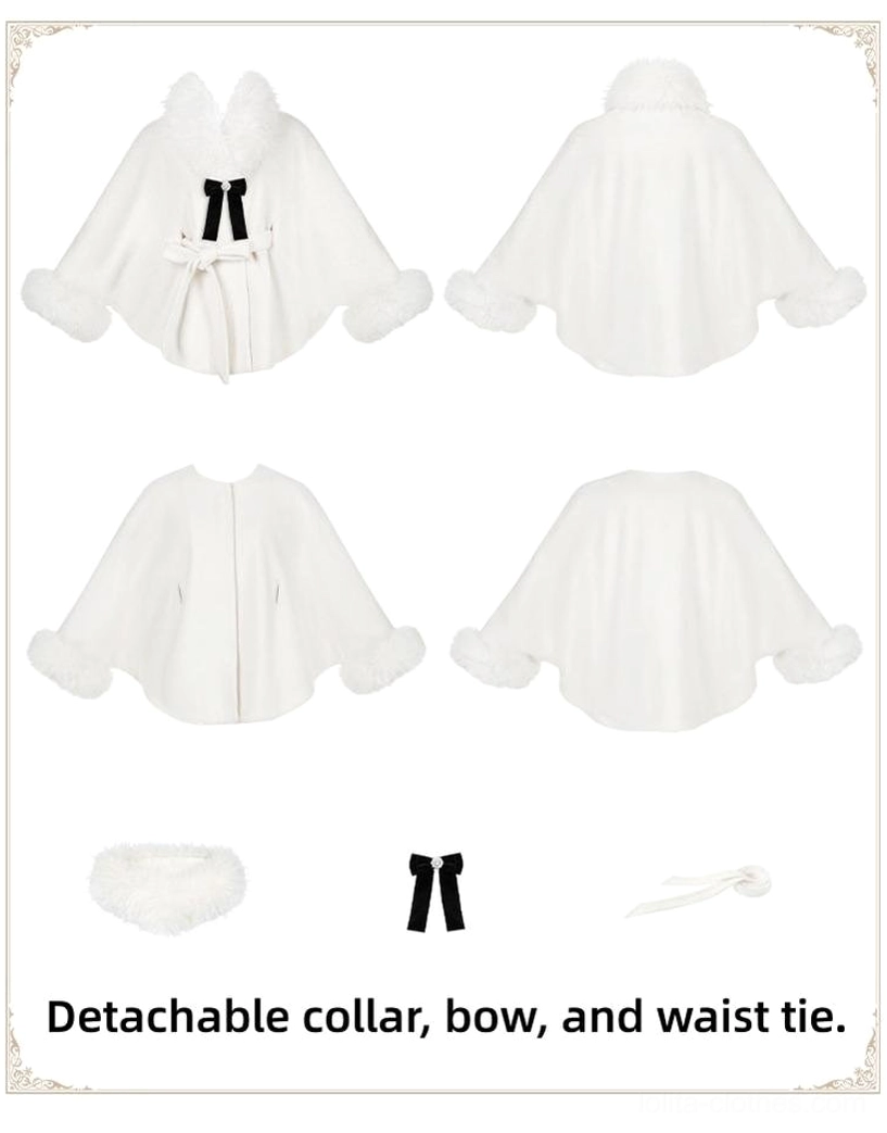 Winter Island Memory lolita coat removable faux fur collar wool blend cape style outerwear theatrical design luxury aesthetic cream white