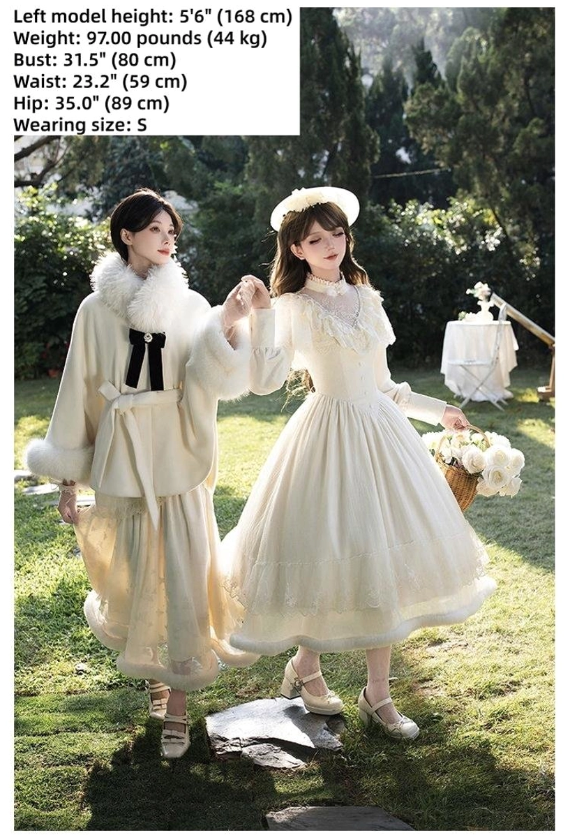 Winter Island Memory lolita coat dress set side view models holding flower baskets cream white coat waist sash black bow flowy lace skirt garden path