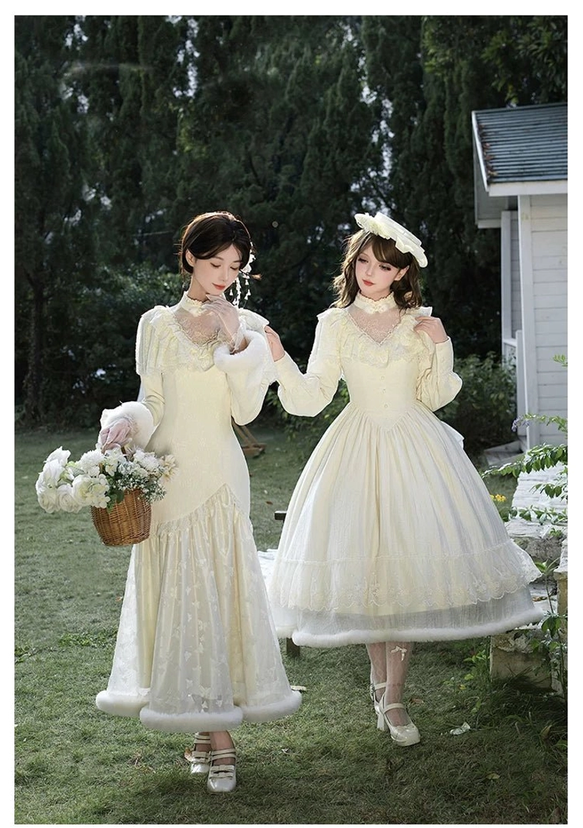 Winter Island Memory lolita outfit front view dual model cream white lace trim ruffled skirt voluminous hem flower basket cottage garden setting