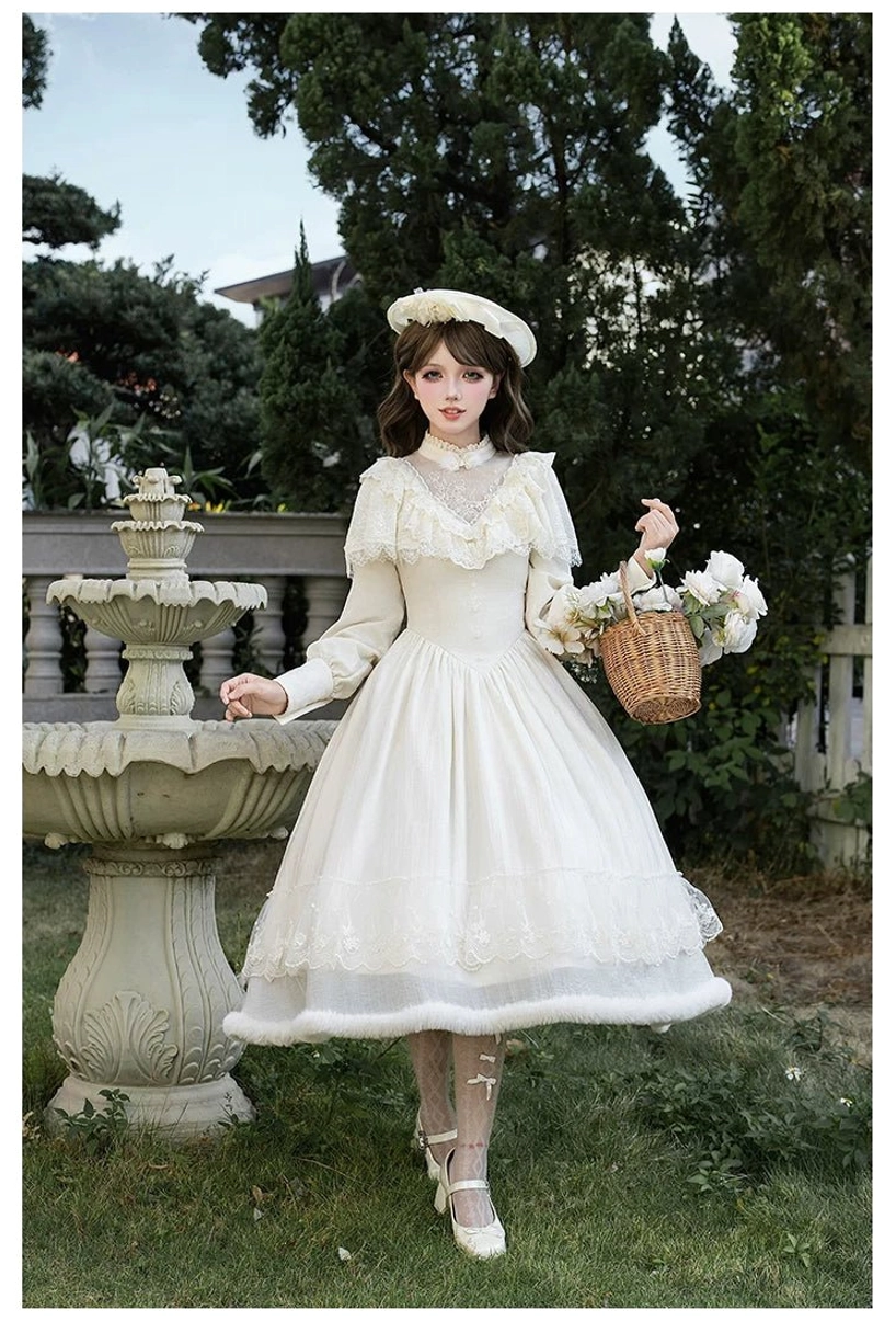 Winter Island Memory lolita OP dress back zipper lace-up corset detail victorian inspired classic lolita over-piece cream white voluminous skirt