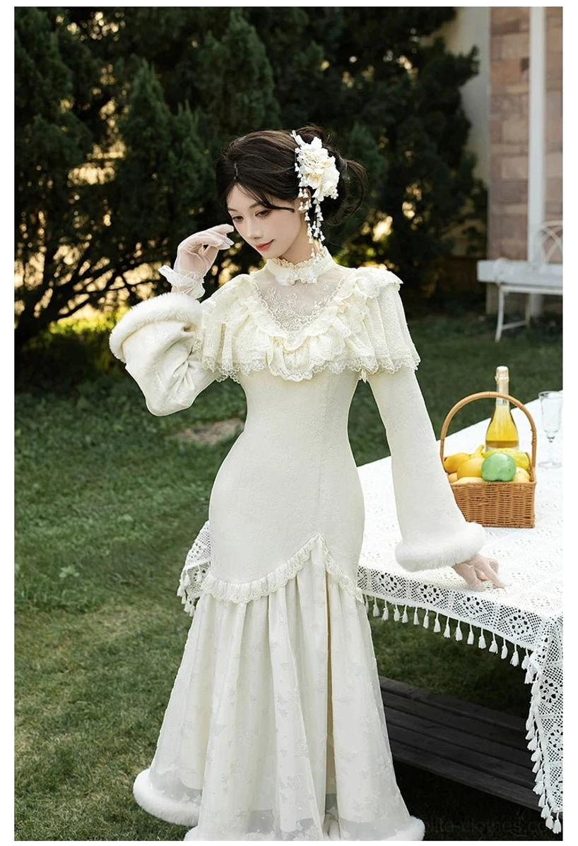 Winter Island Memory lolita OP dress over-piece cream white long sleeves high neck velvet lace premium construction bell curve silhouette