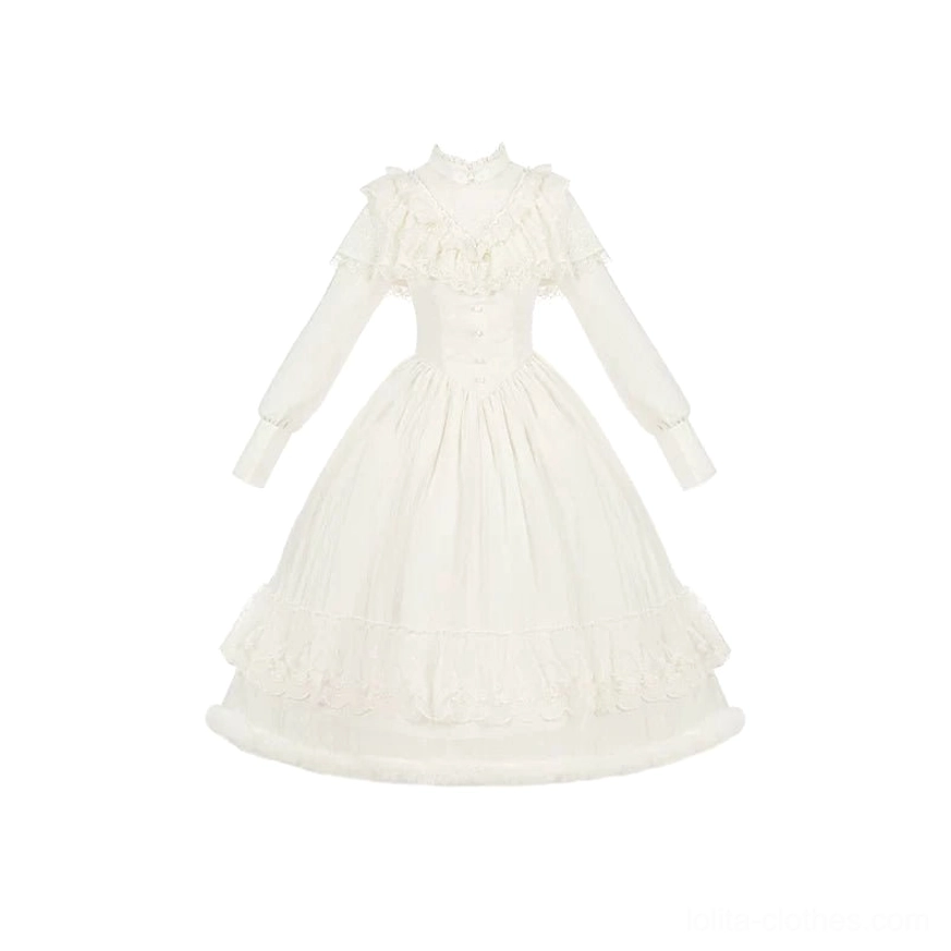 Winter Island Memory lolita OP dress over-piece standalone cream white long sleeves high neck classic lolita silhouette complete outfit