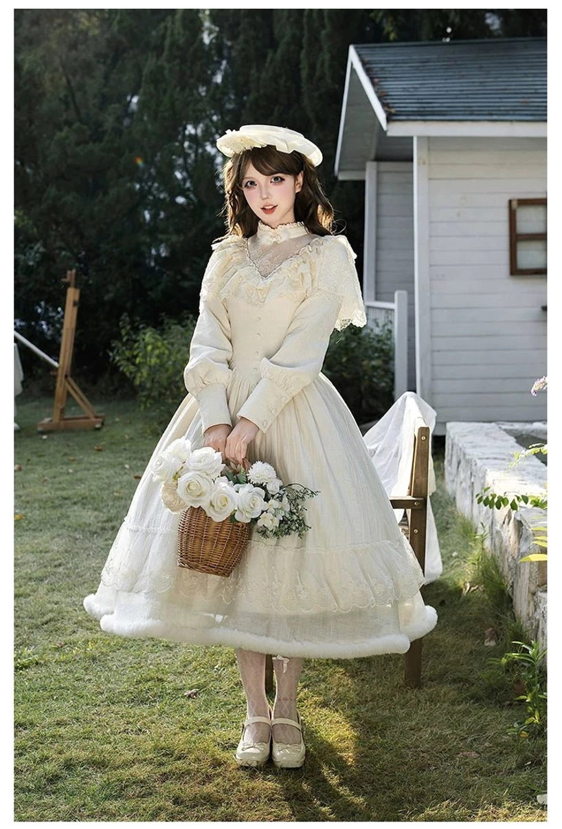 Winter Island Memory lolita OP dress hem volume ruffled trim bell curve skirt structure premium stretch lace construction lolita silhouette