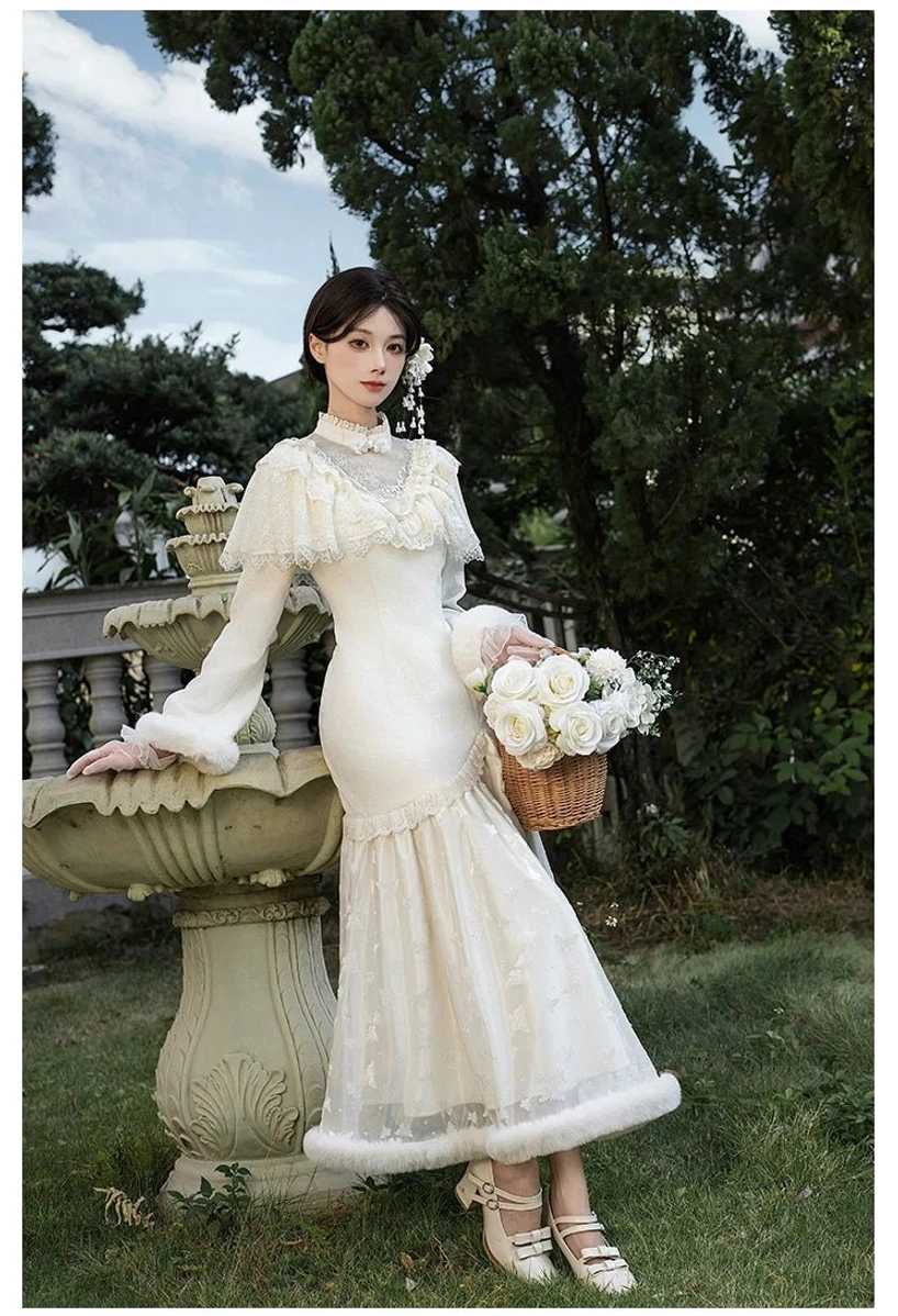 Winter Island Memory mermaid cheongsam detailed lace sheer camellia embroidery edwardian high collar back zipper corset lace-up oriental elegant