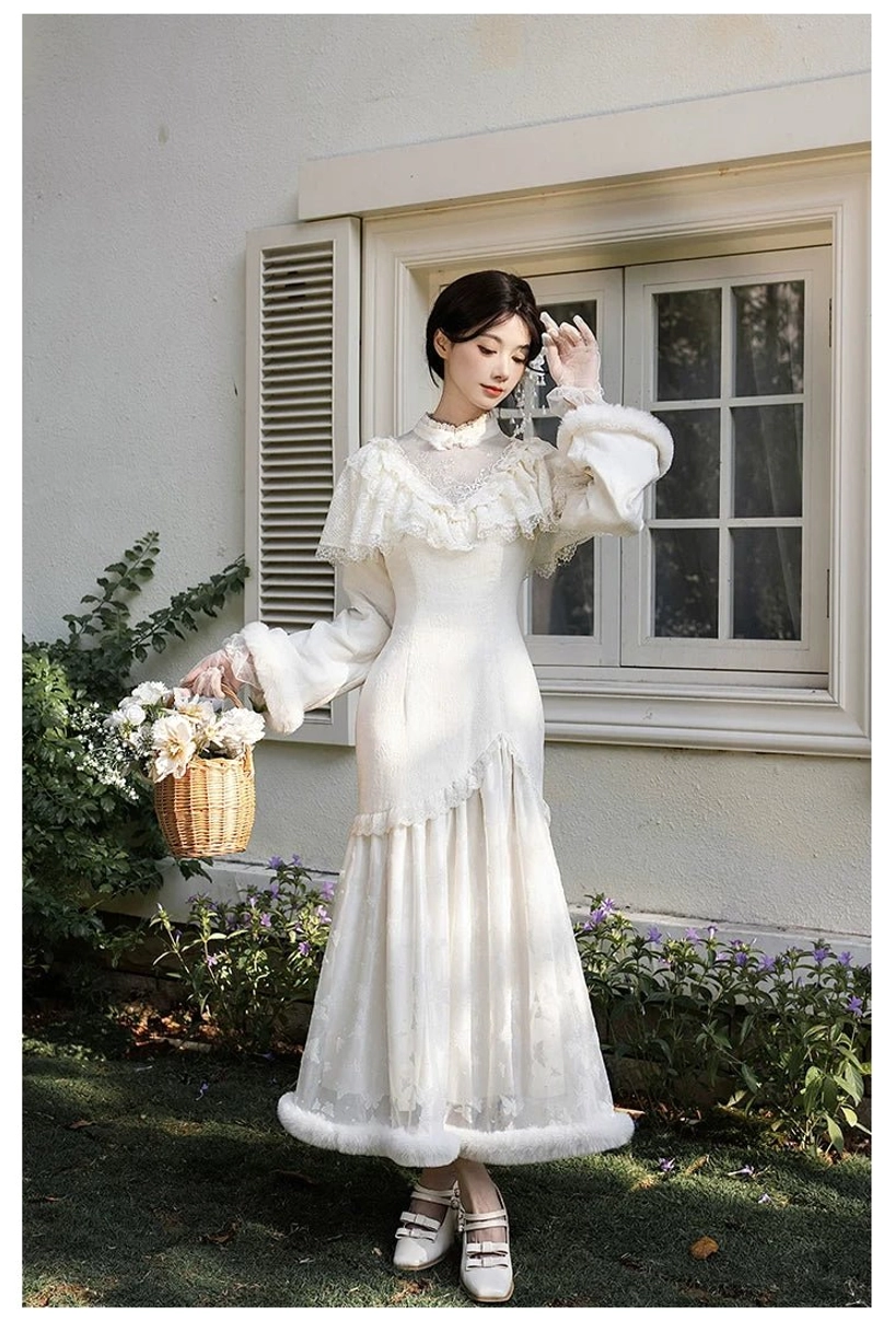 Winter Island Memory lolita mermaid cheongsam voluminous hem fuzzy trim cream white side view silhouette waist accents oriental aesthetic