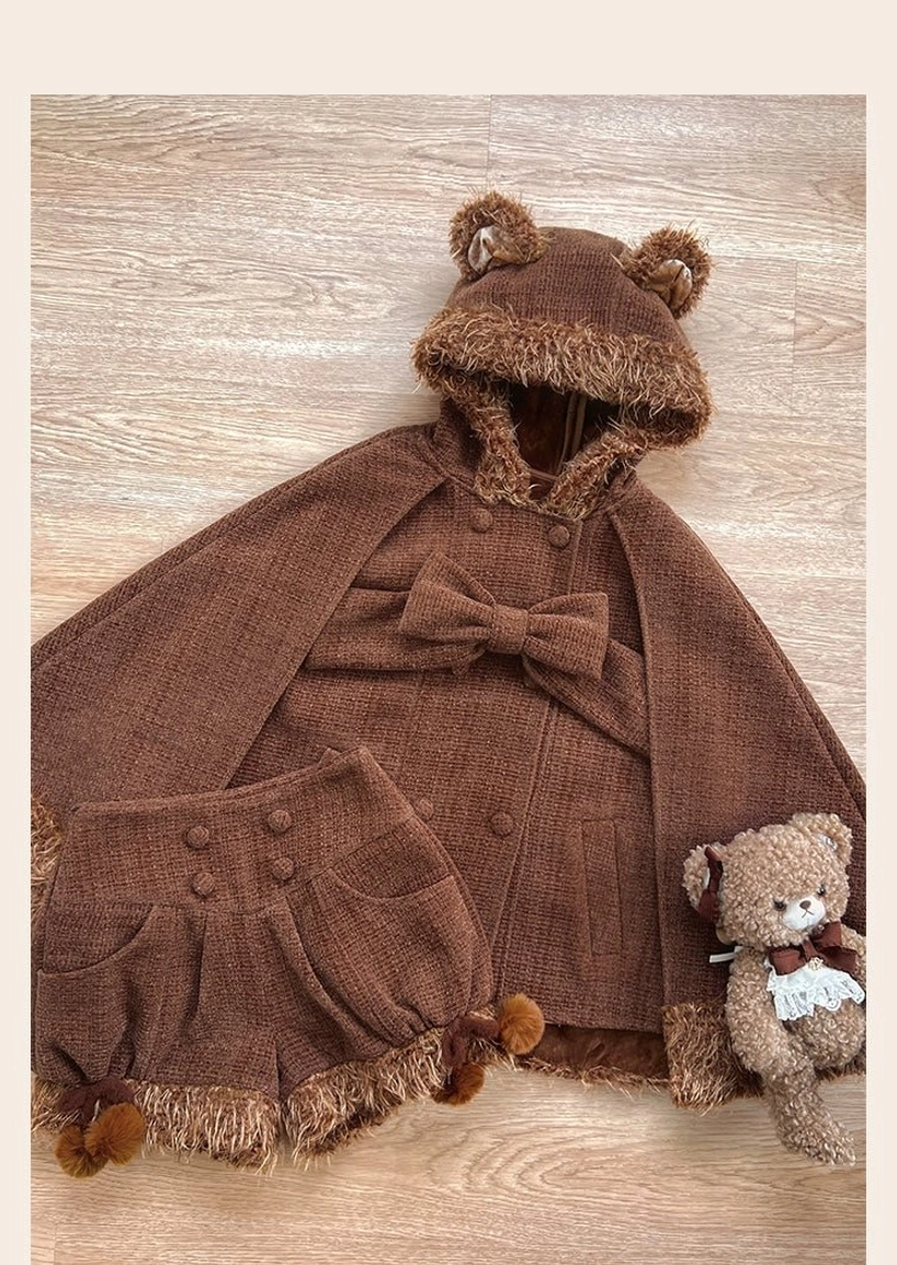 Winter lolita cape and shorts complete set bundle display showing both beige rabbit and brown bear style options with all components and styling possibilities