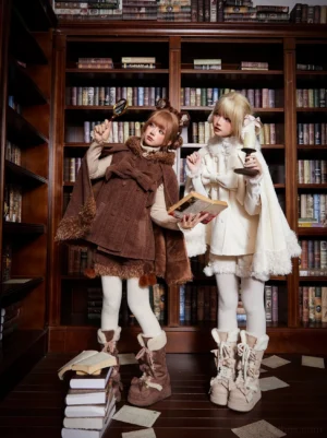 Winter woodland lolita cape and shorts set featuring beige rabbit ear hood and brown bear ear hood styles displayed on two models in retro library setting with matching white winter accessories and snow boots