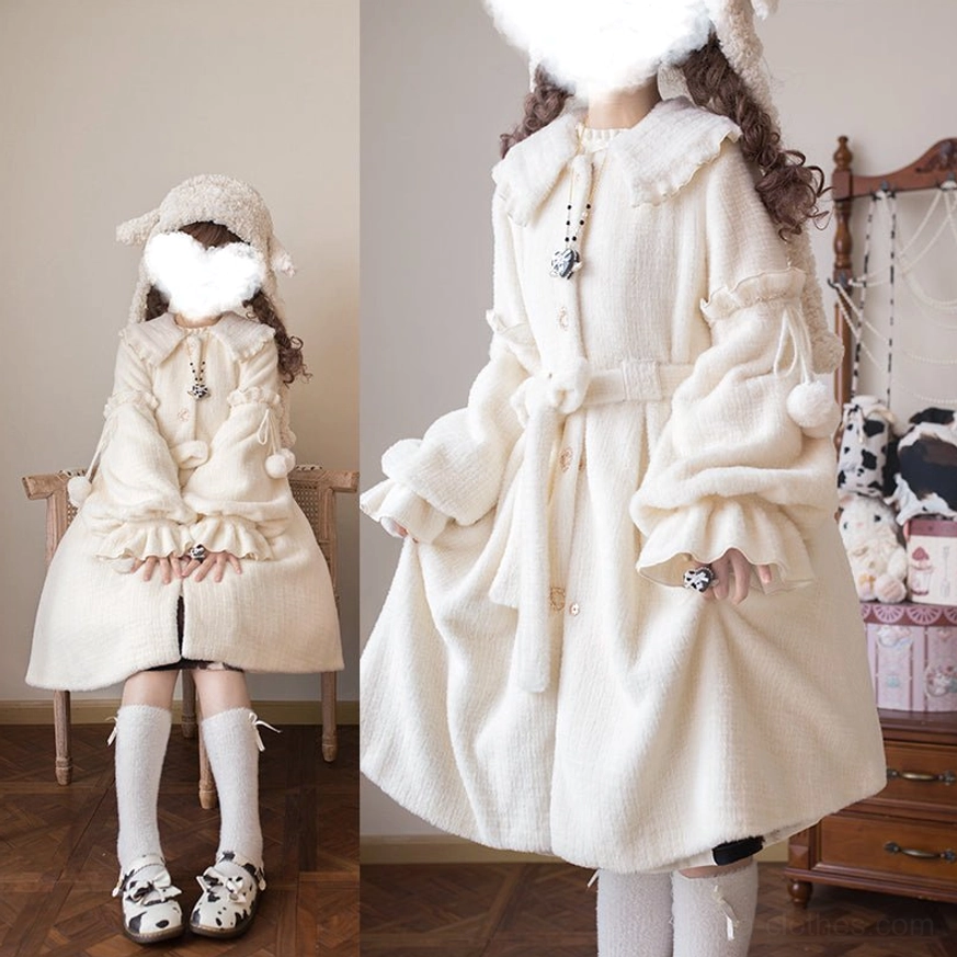 Seated model wearing cream fluffy lolita winter coat with ruffled hem, over-knee socks, and round loafers in retro living room setting