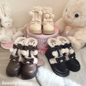 Winter cute lolita short snow boots in three color options with bow decorations and fuzzy shearling trims on plush surface with stuffed animals