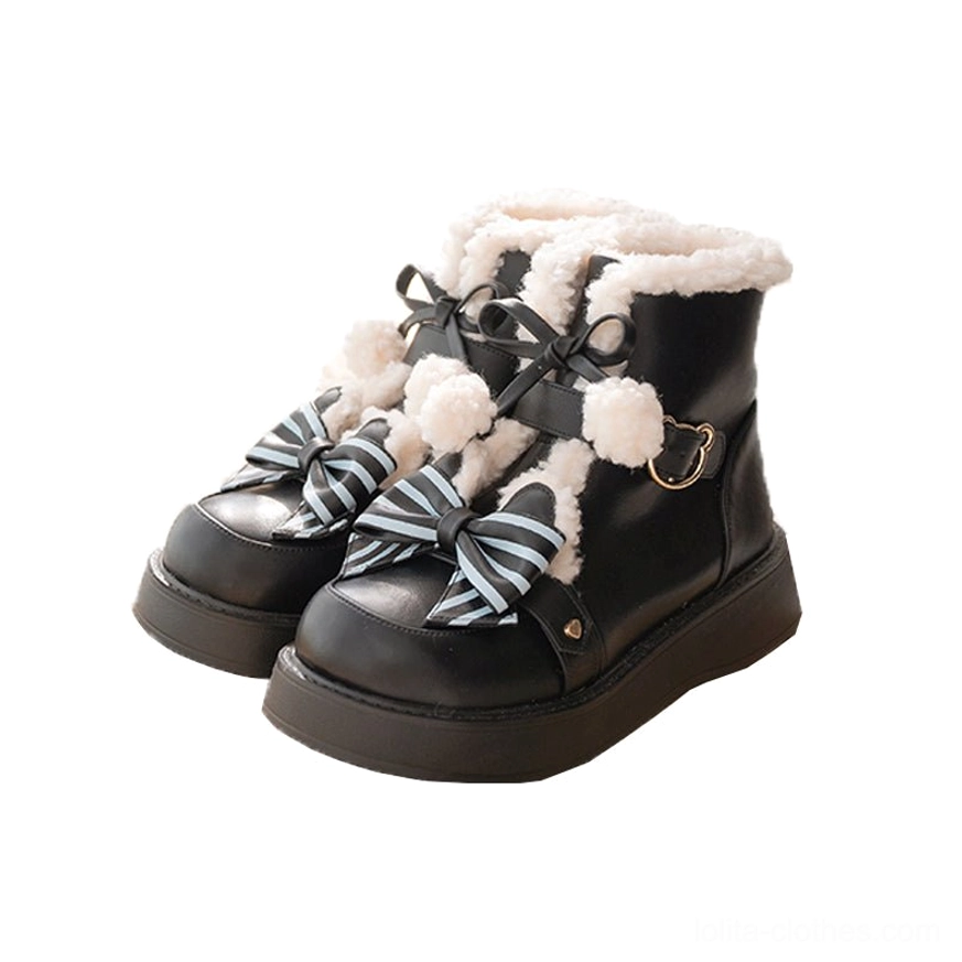 Winter lolita snow boots three color comparison black brown milk tea color options versatile styling possibilities display