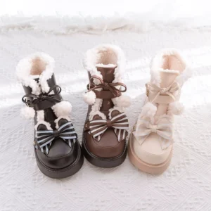 Flat lay display of three winter lolita snow boots in black brown and milk tea color with fuzzy fur collars striped butterfly bows and chunky platform soles on knitted texture background