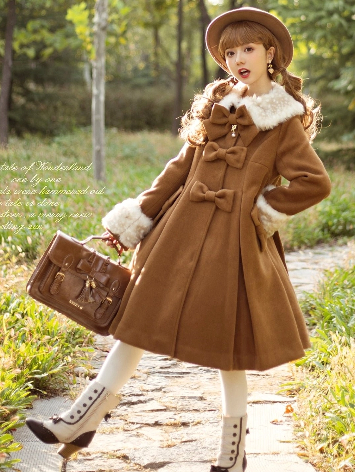 Winter lolita wool overcoat caramel brown causal outdoor three-quarter front view with beret handbag and boots