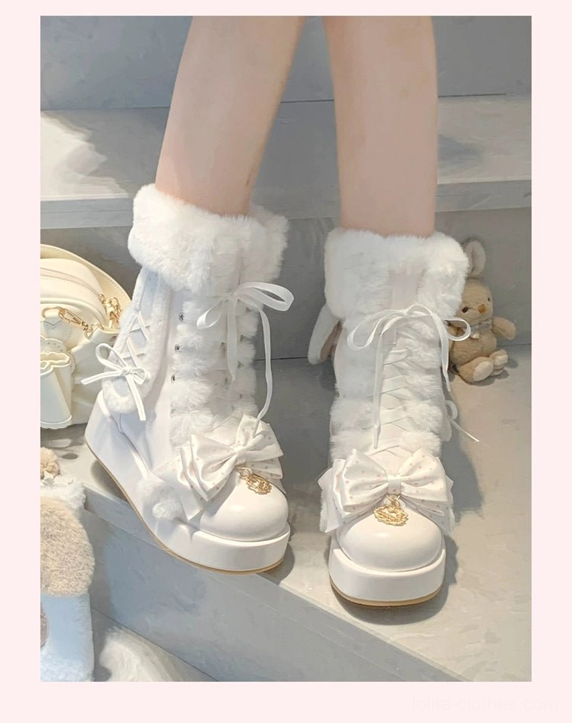 Winter sweet lolita bunny ear platform boots in multiple colors displayed with seasonal accessories and holiday-themed home decor, perfect for cold-weather lolita events and themed gatherings