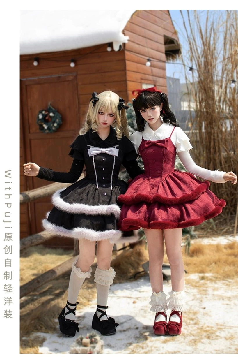 Two lolita models wearing black and wine red winter sweet lolita dress sets with white knit innerwear, white furry skirt trim, front bow decoration, paired with lace socks and Mary Jane shoes in snowy outdoor scene