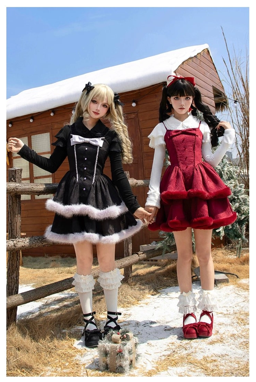 Side-front view of two lolita models in winter sweet lolita dress sets with fitted bodice, layered ruffle short skirt, classic sweet lolita silhouette in black and wine red colors