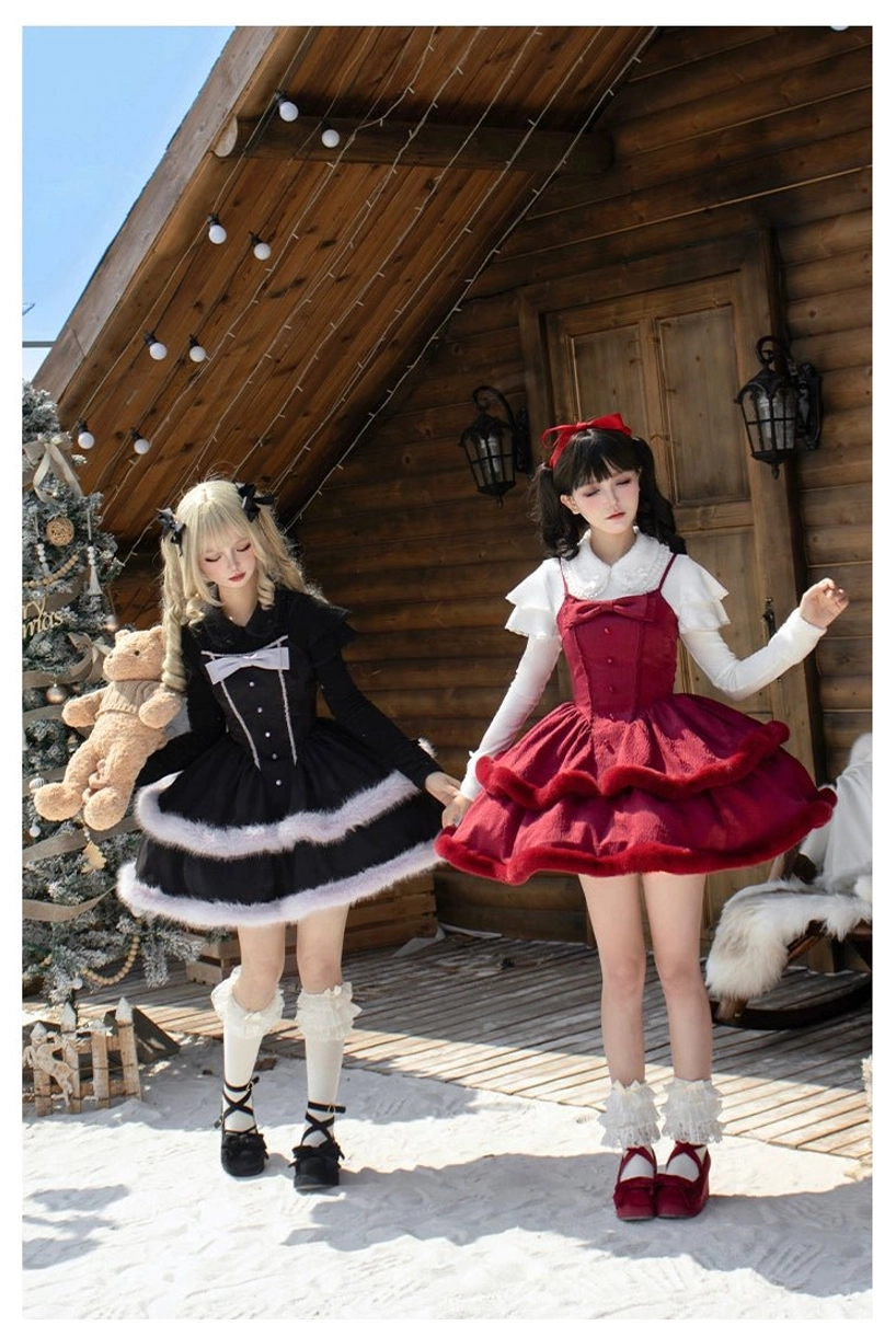 Two lolita models walking in winter sweet lolita dress sets with furry skirt hem trim, front bow decoration, coordinated styling on snowy cabin porch with Christmas tree