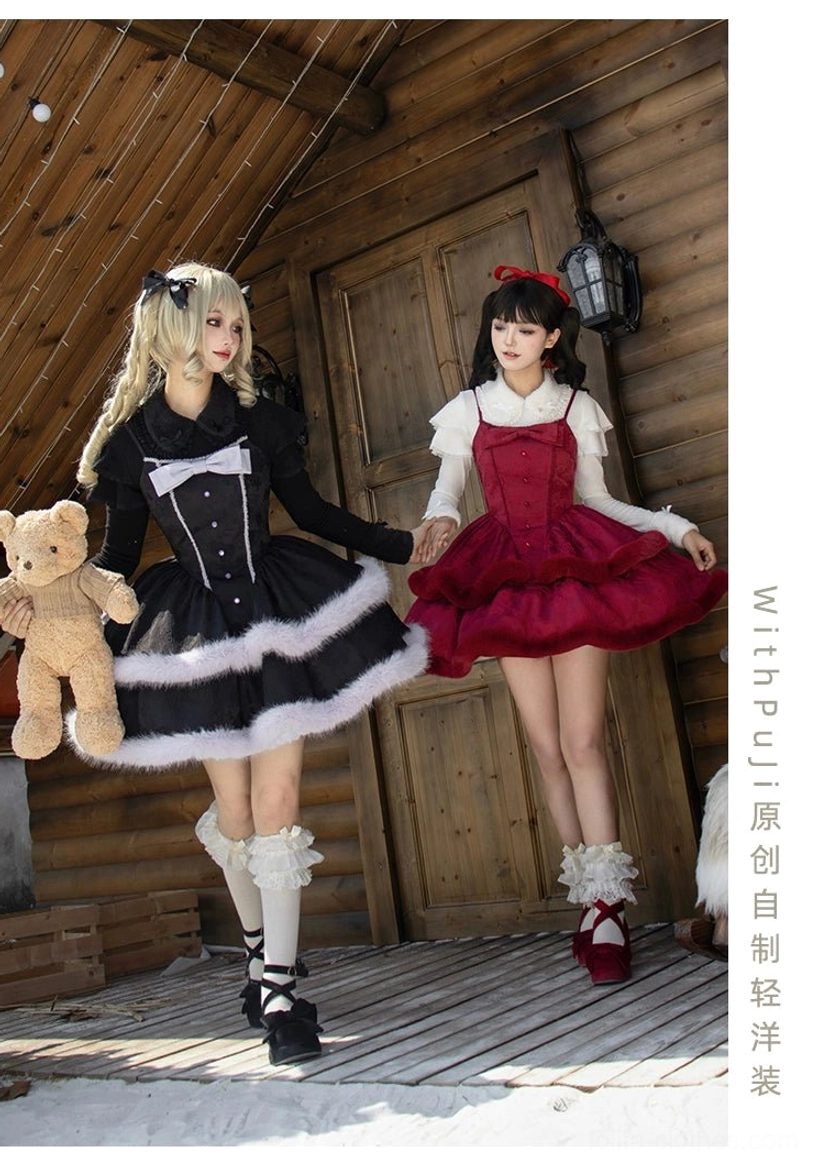 Two lolita models holding hands in winter sweet lolita outfits with soft white furry skirt trim, fitted tailored bodice, elegant design, teddy bear prop on snowy platform