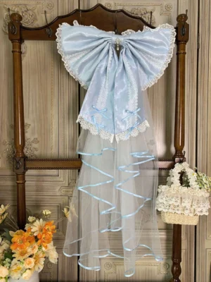Wishing Star Baby Blue Bow Trailing hanging display - large lolita hair bow accessory with lace trim and long sheer tulle tail with ribbon detail
