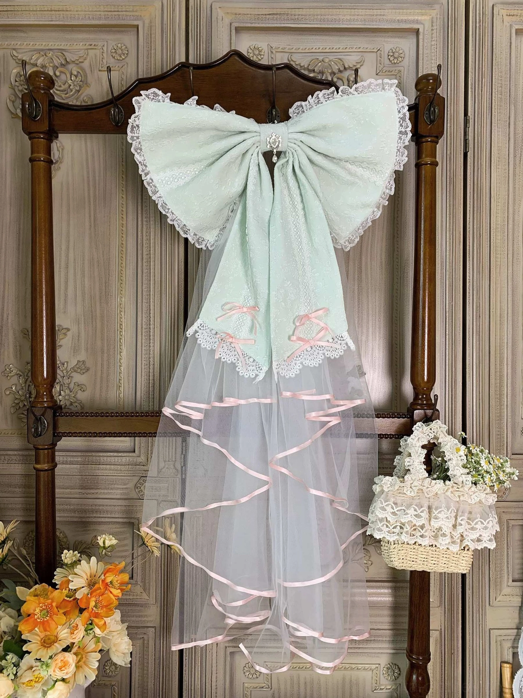 Wishing Star Mint Green Bow Trailing hanging display - lolita hair bow with lace edge embroidered bow pattern on sheer tulle tail with light ribbon