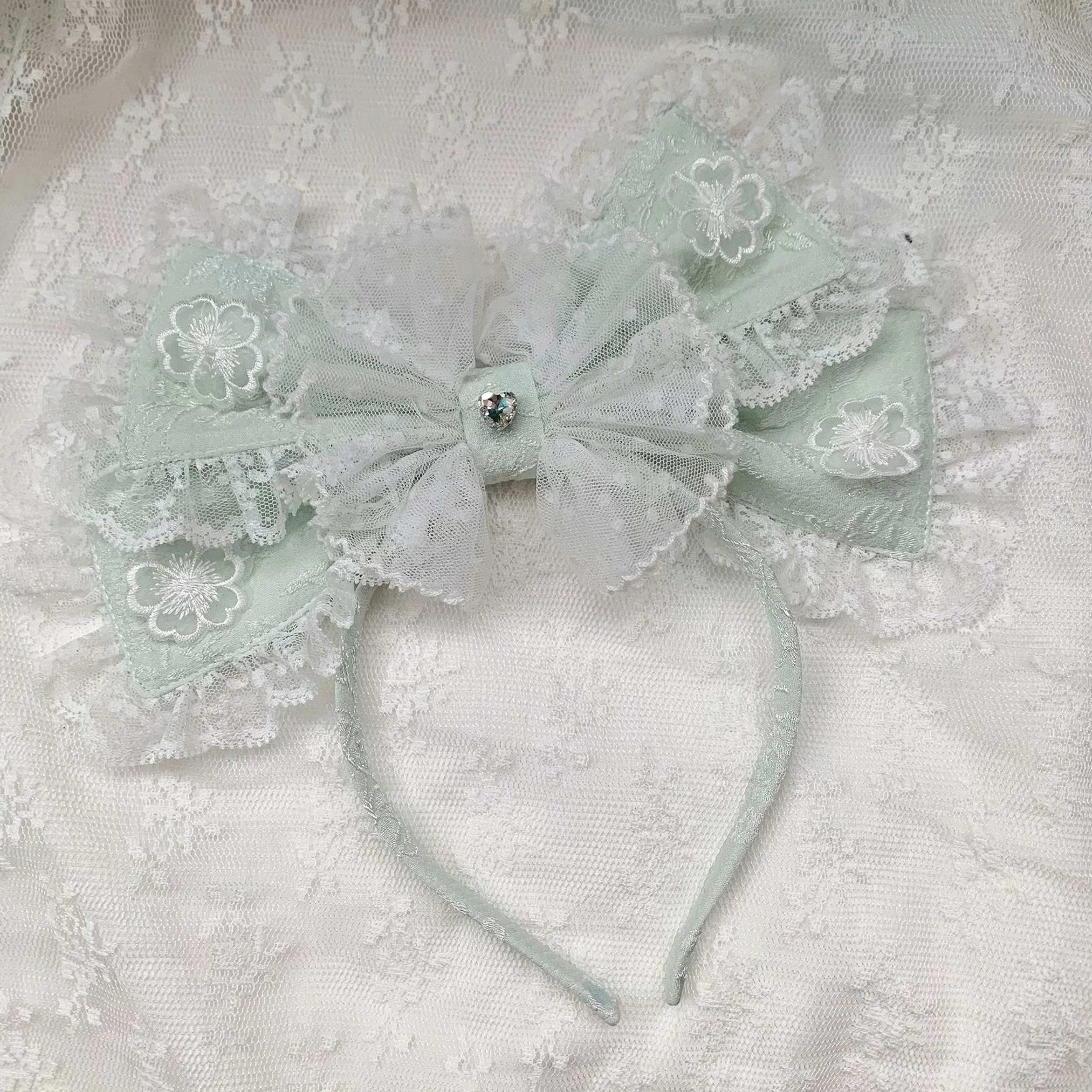 Wishing Star Mint Green Hair Comb KC - sweet lolita double bow design fluffy lace ruffles innocent girlish aesthetic free size