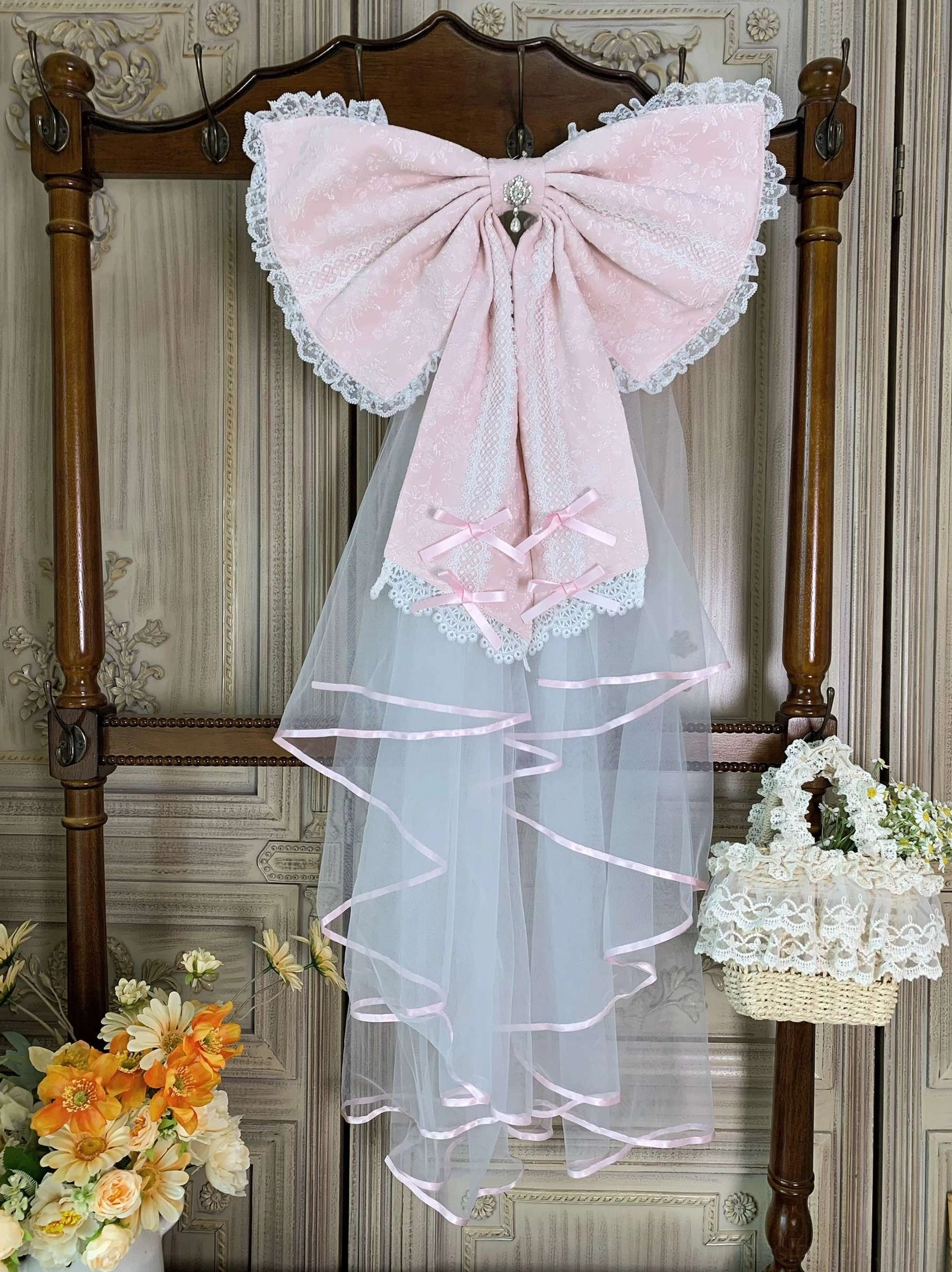 Wishing Star Pink Bow Trailing hanging display - lolita hair bow with lace trim tulle tail and small pink bow center accent